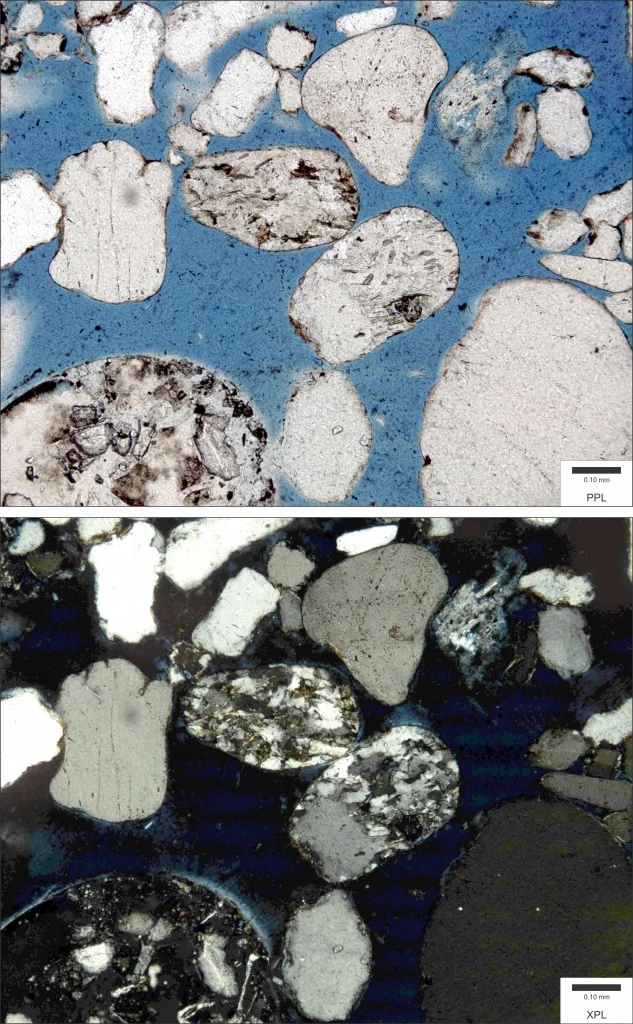 A sandstone sample viewed in plane polarized light (top) and cross polarised light (bottom). (Credit: Wikimedia Commons user Michael C. Rygel)
