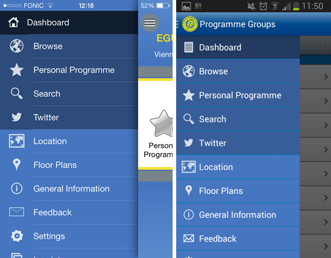 The main menu on the iPhone (left) and Android (right) app.