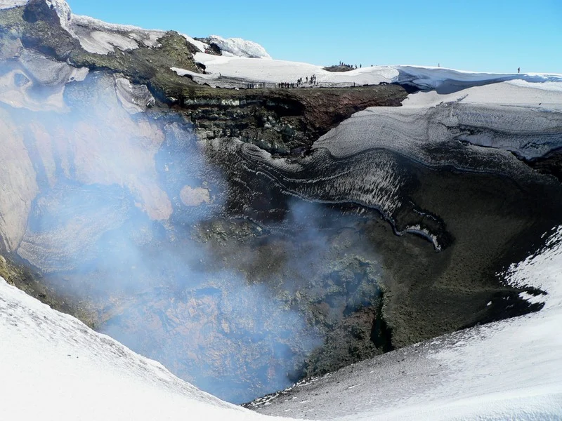 Peering into the crater of Villarrica Volcano, Chile. (Credit: Dávid Karátson via imaggeo.egu.eu)