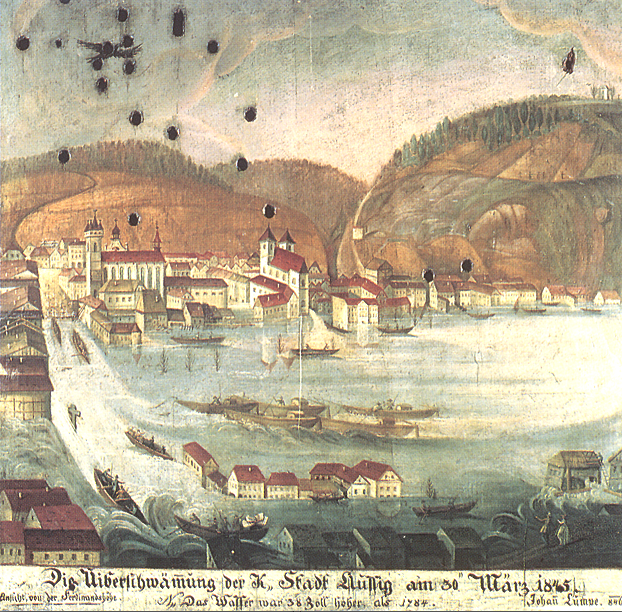 A painting from 1846 commemorating the tragic Elbe flood of March 1845 in Ústí nad Labem, NW Bohemia. The peak discharge of this flood was not matched even by the disastrous August 2002 event. (Credit: Museum of the City of Ústí nad Labem, Oil on wood, painted shooting target, catalogue no. U 334)