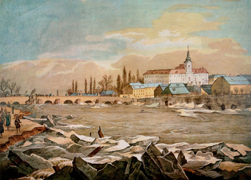 The Long Bridge across the River Svratka in Brno where ice floes accumulated during the flood of March 1830 after the extremely severe winter of 1829-1830. (Reproduction of a colour drawing by Frantisek Richter, Brno City Archives, Collection of graphics, prints and reprints, no. 255R)