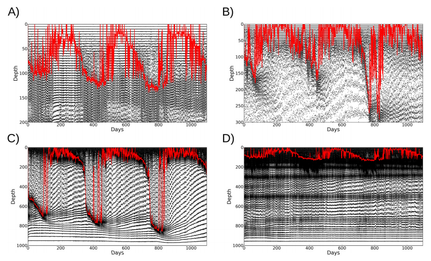 Comparison of different meshes produced by adaptive simulations: (a) Bermuda, taking the amount of chlorophyll into account (b) the original adaptive simulation at Bermuda, without taking chlorophyll into account (c) adaptive simulation at Papa, taking the amount of detritus into account (d) the original Papa simulation, without taking detritus into account. (Credit: Hill et al, 2014)