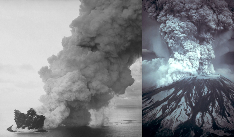 Surtsey’s arrival in 1963 (left, credit: NOAA) and Mount St Helens during the 1980 eruption (right, credit: Austin Post/USGS)
