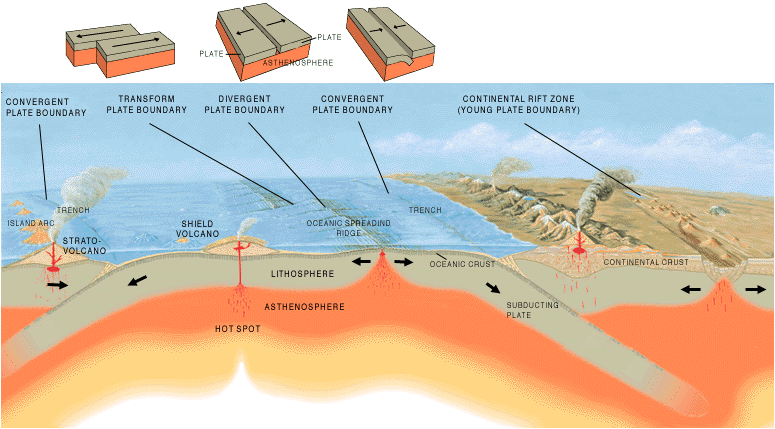 A cross section illustrating the main types of plate boundaries  (Image Source; WikimediaCommons; Author: Jose F. Vigil. USGS, http://pubs.usgs.gov/gip/earthq1/plate.html)