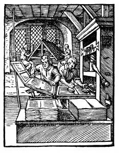 This early wooden printing press could spit out 240 impressions per hour (Photo Credit: Jost Amman [Public domain], via Wikimedia Commons)
