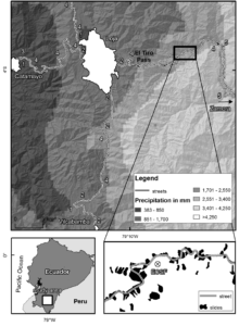 Overview of the study area with mean annual precipitation patterns (top panel), and its location in southern Ecuador (lower left panel). Highways Troncal de la Sierra E35 and Transversal Sur E50 extend in the north–south and east–west direction, respectively. The numbers along the street refer to the corresponding geological unit (1: unconsolidated rocks; 2: sedimentary rocks; 3: volcanic rocks; 4: metamorphic rocks; 5: plutonic rocks). The area of the detailed map (lower right panel) will be used as a sample area for the visualization of a predictive map in Fig. 5. Precipitation data are taken from the study of Rollenbeck and Bendix (2001). From Brenning et al., (2015)