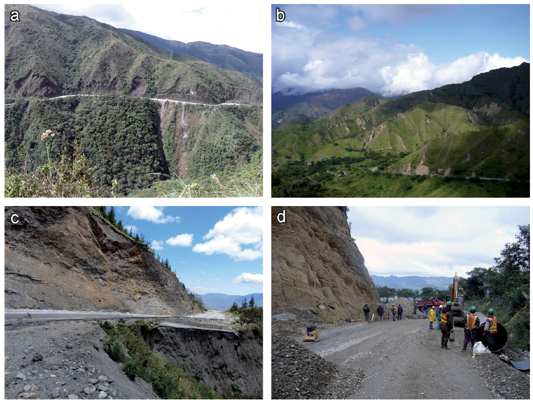 Landslides occurring along the investigated highways. (a) Typical landslides of the wet metamorphic part of the study area in the east. (b) Typical landslides of the semi-arid, conglomeratic part of the study area in the west. (c) Highway destroyed by landsliding. (d) A highway is cleared from a recent landslide occurrence. From Brenning et al., (2015).