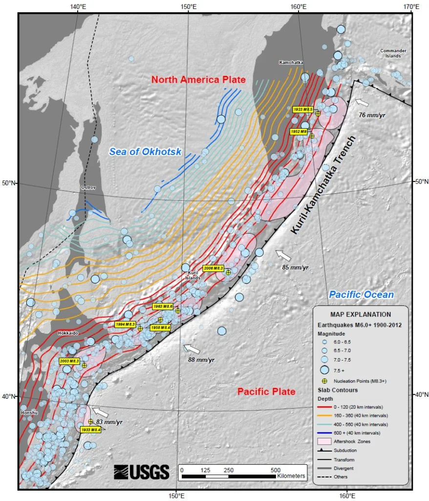 USGS map of the Kuril-Kamchatka trench, showing earthquake locations and depth contours on downgoing slab. Credit: USGS, USGS summary of the 2013 Sea of Okhotsk earthquake, via Wikimedia Commons.