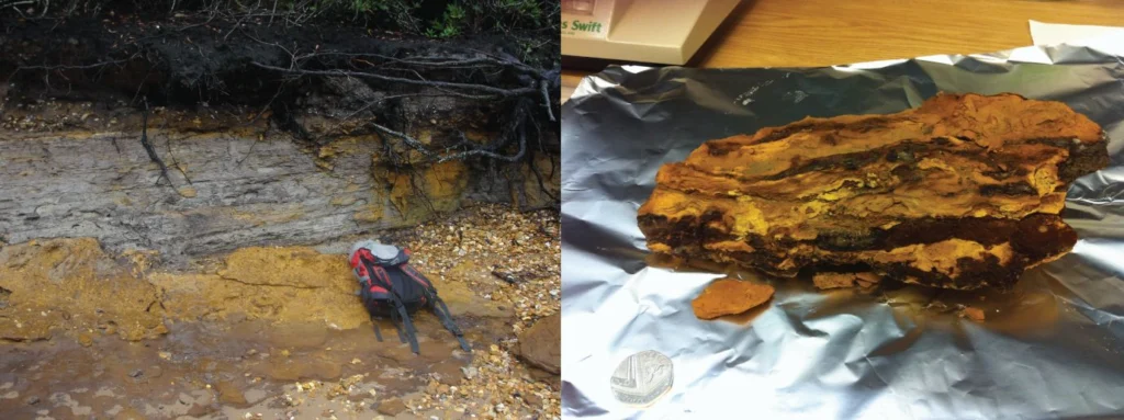 Jarosite is a soft yellow mineral and can be seen growing on the clay rich cliffs of Brownsea Island, UK. As it is an iron mineral it can rust if exposed at the surface long enough in wet conditions. The orange-brown layer at the base of the cliff and the dark patches in the hand sample are rust. Image Credit: James Lewis.
