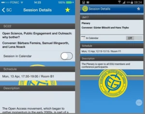 Session details listed in the iPhone and Android app.