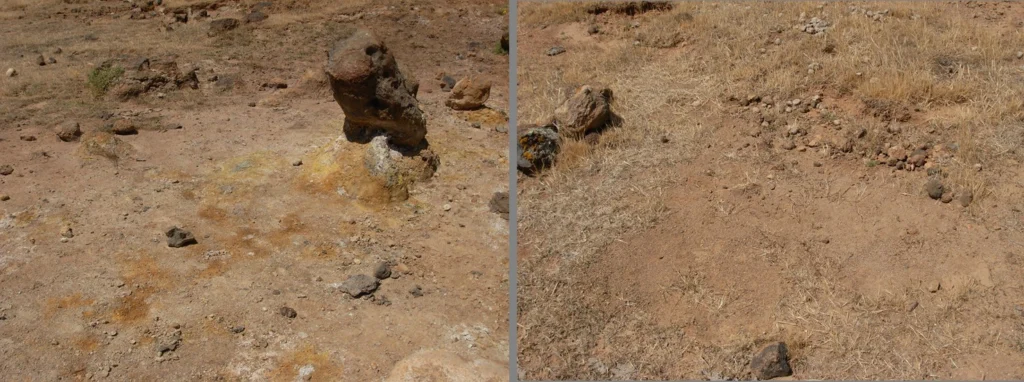On the left, the harsher site – the stains on the surface are signs of the soil alteration. To the right, the milder site – here, soil alteration is much harder to see without a microscope. Credit: Walter D’Alessandro.