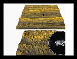Top: a multifractal simulation of an anisotropic geological surface with the proverbial lens cap included to indicate the scale.  One could easily image developing a phenomenological model to explain the left-right ridges.  Bottom:  The same simulation but blown up 64 times; at this scale a rather different model might be invoked even though a unique mechanism is responsible for the whole scale range (top and bottom).  Reproduced from [Lovejoy and Schertzer, 2007] (fig. 1.13 in [Lovejoy and Schertzer, 2013]).
