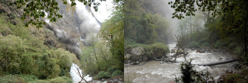 Left: Rockfall from the opposite cliffs made our location a highly dangerous place. Right: Seconds after the main tremor was over, everything was changed. The river color turned brown, dust and Sulphur smell was in the air and the path was destroyed by small landslides or rocks (Credit: Prof. Dr. Klaus Katzensteiner).