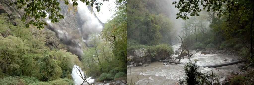 Left: Rockfall from the opposite cliffs made our location a highly dangerous place. Right: Seconds after the main tremor was over, everything was changed. The river color turned brown, dust and Sulphur smell was in the air and the path was destroyed by small landslides or rocks (Credit: Prof. Dr. Klaus Katzensteiner).