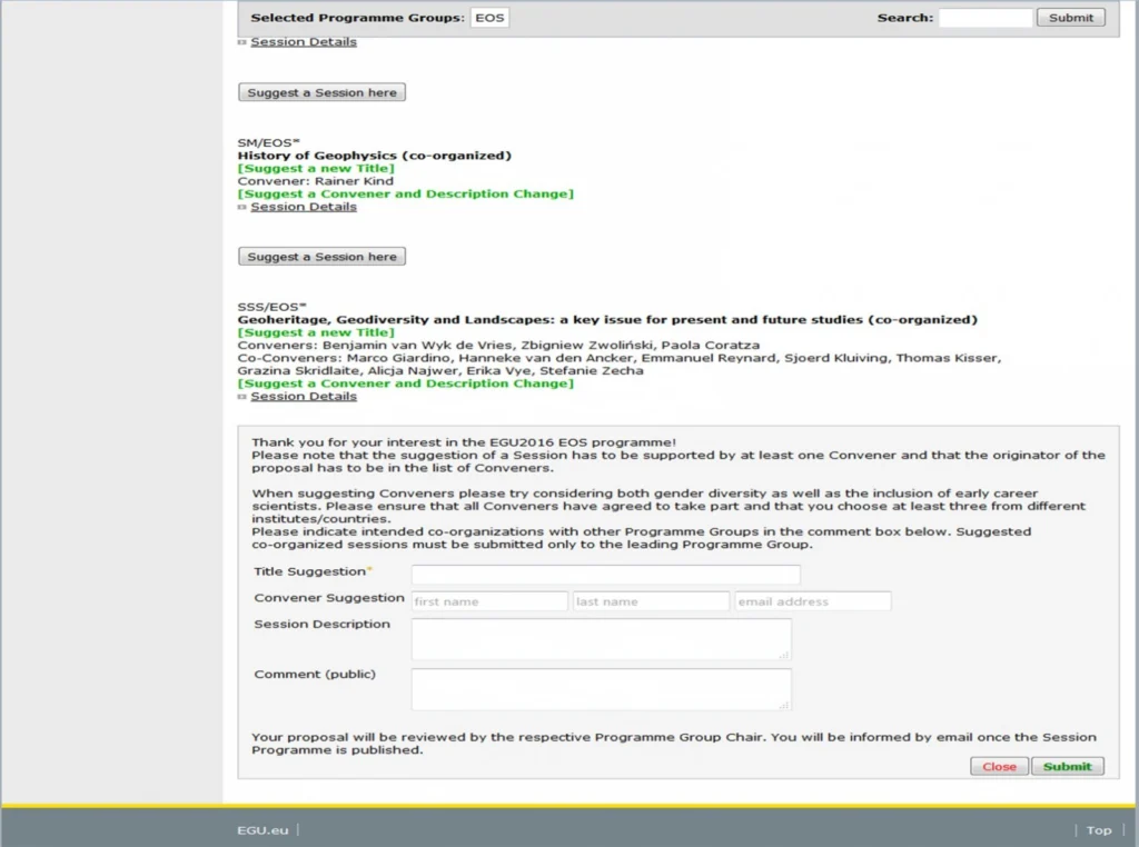 A screenshot of the convening a session tool on the EGU website. Click the image to englarge.