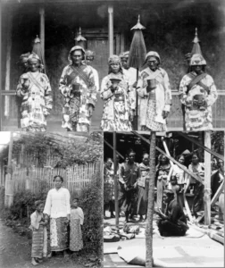 (Top) Tenggerese priests during Dutch East Indies era which lasted from 1800 to 1949. (Bottom left) Tenggerese woman with two children. (Bottom right) Tenggerese priest holding a dedication ceremony of a new build house. (images provided to Wikimedia Commons by the Tropenmuseum, author unknown). 