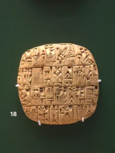 Sumerian Cuneiform on a clay tablet. From Shuruppak or Abu Salabikh, Iraq, circa 2,500 BCE. British Museum, London. Credit: Gavin.collins, distributed via Wikimedia Commons.