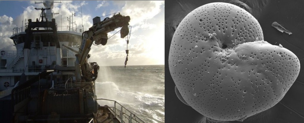 (L) An ocean cruise on which the sediment cores used in the study are collected. (R) Benthic foraminifera - James uses these to make measurements of the chemistry of these to reconstruct past climate change. Credit: James Rae 