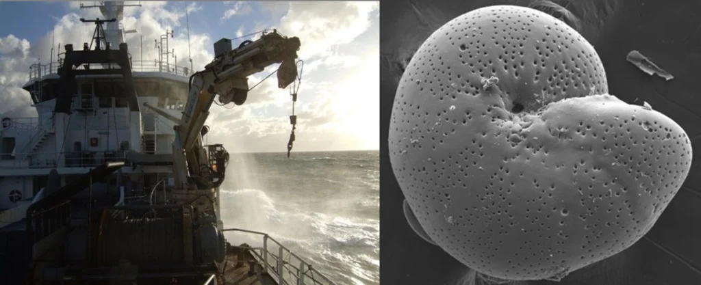 (L) An ocean cruise on which the sediment cores used in the study are collected. (R) Benthic foraminifera - James uses these to make measurements of the chemistry of these to reconstruct past climate change. Credit: James Rae 