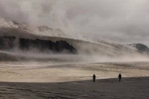 Hugh returned in 2015 yet again with Mike James and student Nathan Magnall and walked between slivers of cloud and tongues of glassy lava. Image Credit: Dr. Hugh Tuffen