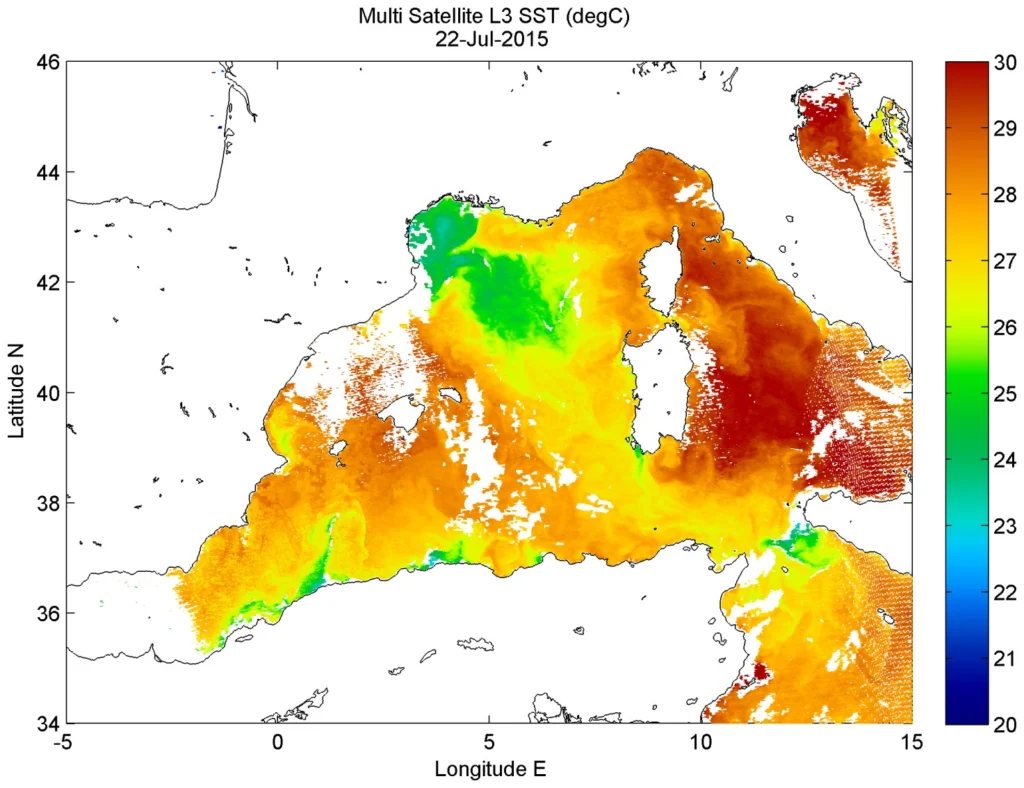 Night time SST in the Western Mediterranean on 22nd July 2015. Data courtesy of CMEMS. 