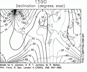 Earth Magnetic Field Declination from 1590 to 1990 by U.S. Geological Survey (USGS). Licensed under Public Domain via Wikimedia Commons . Click on the image to see how the field changes over time.