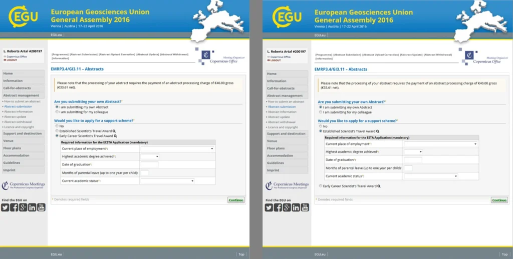 The abstract submission page (click for larger). If you wish to apply for financial support, please select the relevant support box.