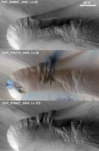 Three images of the same location taken at different times over one Martian year show how the seasonal fluctuation of the polar cap of condensed carbon dioxide (dry ice), between its solid and gaseous state, destabilises a Martian dune at high altitude to cause sand avalanches and ripple changes. (Credit: NASA/JPL/University of Arizona)