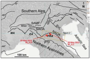 Simplified sketch of northern Italy, centred on the Po Plain and showing the southern Alps and Northern Apennines fold and thrust belts. The location of the largest shocks of the May 2012 Emilia earthquake sequence is shown with red stars. The yellow rectangle outlines the study area (see Fig. 2). Key: SAMF: southern Alps mountain front; SAOA: southern Alps outer arc; GS: Giudicarie system; SVL: Schio-Vicenza line; NAOA: Northern Apennines outer arcs; PTF: pede-Apennines thrust front; MA: Monferrato arc; EA: Emilia arc; FRA: Ferrara-Romagna arc. Modified from Vannoli et al. (2015). Taken from Mucciarelli et al. (2015).