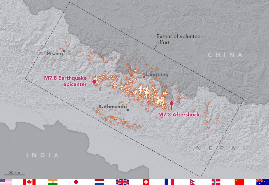 An international volunteer geohazards team mapped landslides triggered by the 2015 Nepal Gorkha earthquake and its aftershocks. The landslides were mapped using a range of different satellite products. Credit: Landslide mapping team/NASA-GSFC. Distributed via NASA Goddard on Flickr.