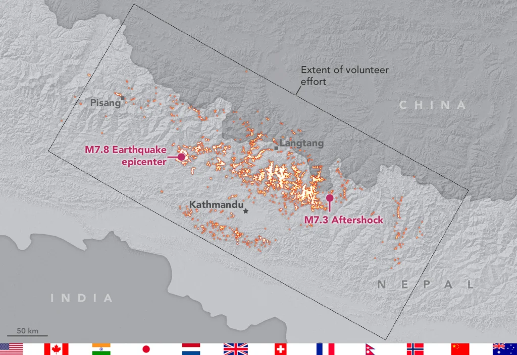 An international volunteer geohazards team mapped landslides triggered by the 2015 Nepal Gorkha earthquake and its aftershocks. The landslides were mapped using a range of different satellite products. Credit: Landslide mapping team/NASA-GSFC. Distributed via NASA Goddard on Flickr.