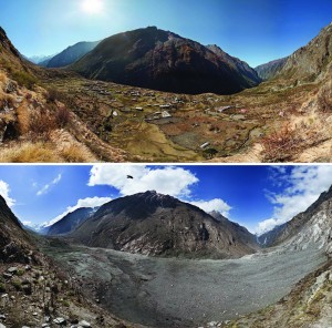 Before-and-after photographs of Nepal’s Langtang Valley showing the near-complete destruction of Langtang village due to a massive landslide caused by the 2015 Gorkha earthquake. Photos from 2012 (pre-quake) and 2015 (post-quake) by David Breashears/GlacierWorks. Distributed via NASA Goddard on Flickr.