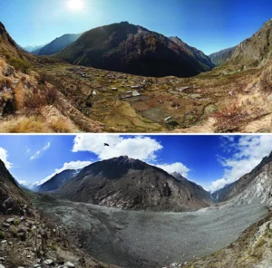 Before-and-after photographs of Nepal’s Langtang Valley showing the near-complete destruction of Langtang village due to a massive landslide caused by the 2015 Gorkha earthquake. Photos from 2012 (pre-quake) and 2015 (post-quake) by David Breashears/GlacierWorks. Distributed via NASA Goddard on Flickr. 