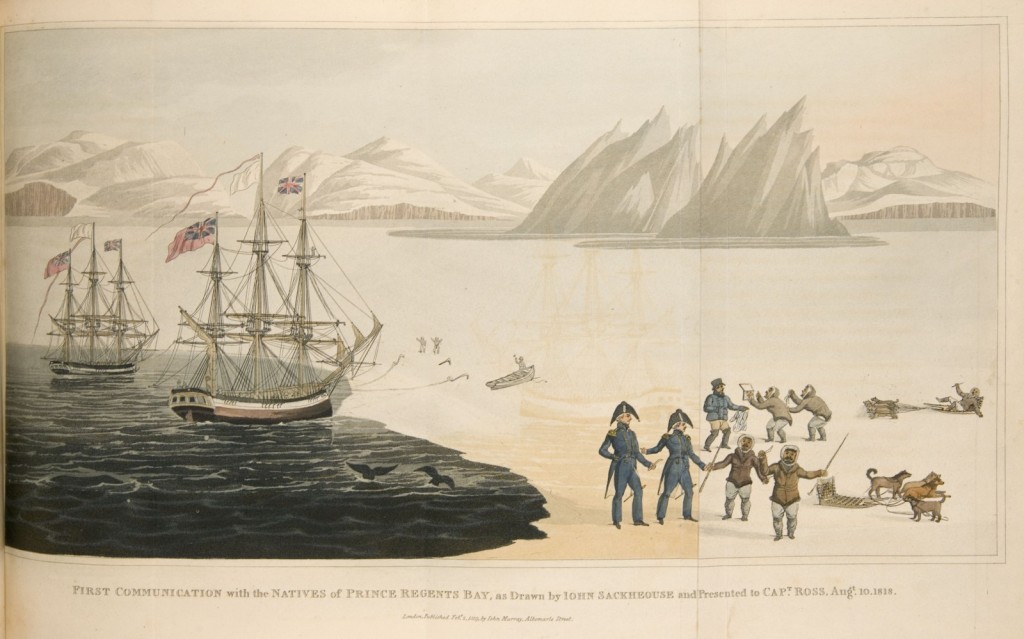 An encounter between British Royal Navy expedition, led by John Ross, and Inuit people on Baffin Bay, Greenland. The artist John Sacheuse (sometimes spelled Sackhouse) was an Inuit who acted as interpreter for Ross’s party.