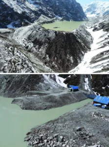 Field visit identifies light damage at Tsho (lake) Rolpa. Post-earthquake image of Tsho Rolpa appears identical to its appearance shortly before the earthquake. Two areas of fractures —believed formed by the May 12 2015 aftershock— were observed on the engineered part of the end moraine from a helicopter during an inspection undertaken by the U.S. Geological Survey at Tsho Rolpa. Photos from 27 May by Brian Collins/USGS, courtesy of USAID-OFDA (Office of Foreign Disaster Aid). Distributed via NASA Goddard on Flickr.