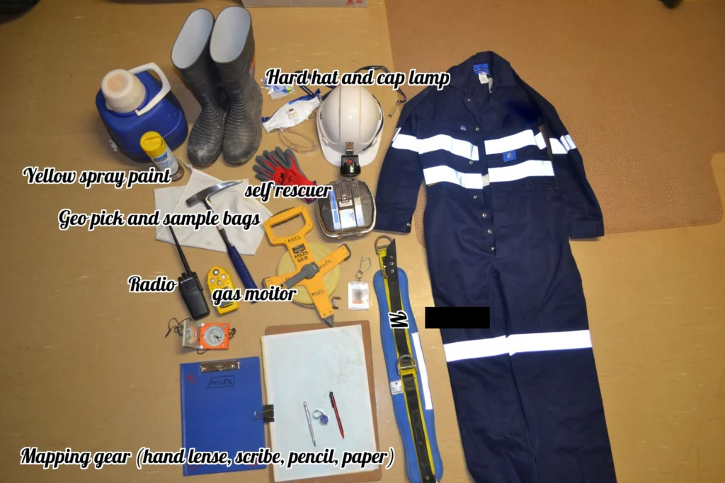 The contents of Dave's field bag. Safety underground is paramount! That's why Dave's most treasured items include his safety equipment.