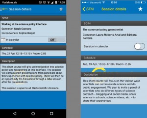 Session details listed in the Android (left) and iPhone (right) app. Click on the image to enlarge. 