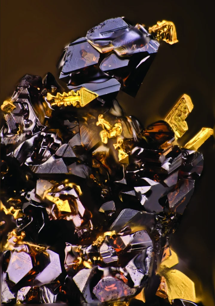  Sphalerite's "Transformer"'. Credit: Dmitry Tonkacheev (distributed via imaggeo.egu.eu). The bulk of Au wire "boards" on the dark-brown phase surface in the form of fascination crystals (usually arborescent). Some of them look like a weapon from the "Transformers" arsenal or parts of his armor. Also bright diamond luster of this creature makes our "Knight" even more ultra-modern. 