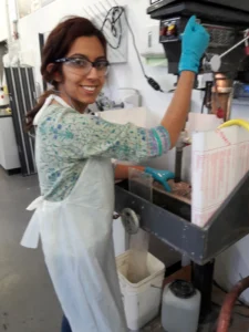 Sonia is pictured drilling into cores from the IODP 364 Expedition, to collect smaller samples for palaeomagnetic experiments. 