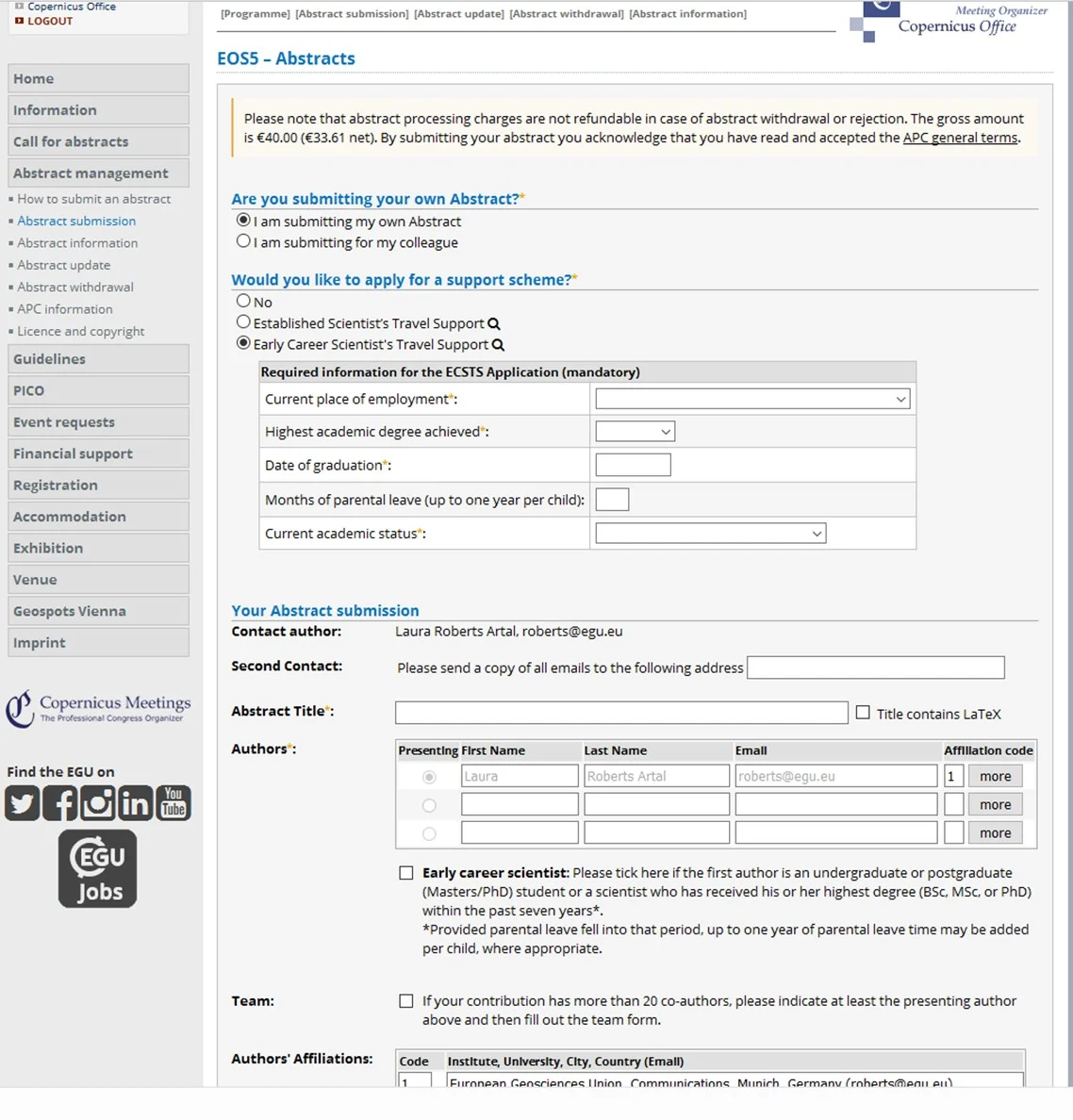 The abstract submission page (click for larger). If you wish to apply for financial support, please select the relevant support box.