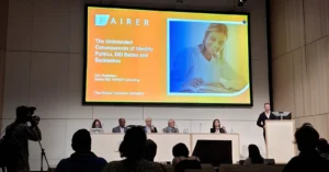 The image shows panelists during the Great Debate "What's next for EDI in these turbulent times? " at EGU26. From left to right: Marguerite Xenopoulos (Trent University), Brandon Jones (American Geophysical Union), Yukihiro Takahashi (Hokkaido University), Alberto Montanari (University of Bologna) and Convener Claudia Jesus-Rydin. Panelist Dan Robertson from Fairer Consulting is speaking on the podium. 
