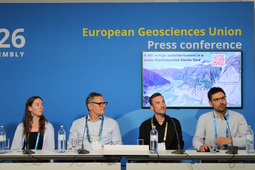 The image shows speakers presenting their work during the EGU26 Press Conference 5.