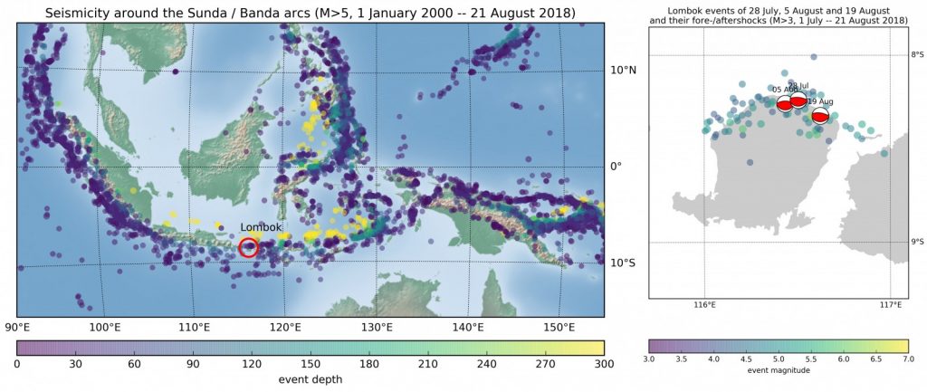 Seismicity in the Sunda/Banda arcs region, and the recent earthquakes around Lombok