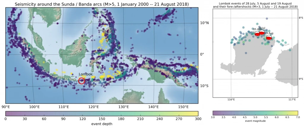 Seismicity in the Sunda/Banda arcs region, and the recent earthquakes around Lombok