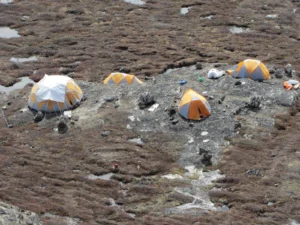 The camp with sleeping tents and mess/science tent. Generators and solar panels were used to charge laptops and UAV LiPo batteries.