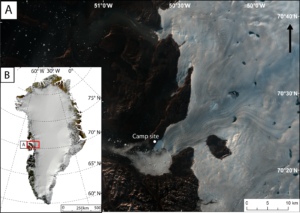 A) Landsat 8 true colour image of Store Glacier in August 2014 with the location of camp site. B) MODIS mosaic image of Greenland (Kargel et al., 2012, The Cryosphere) with location of Store Glacier which is situated in Uummannaq Bay.