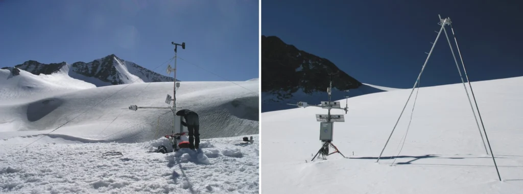 AWS at Zhadang glacier; left: 2009; right: after the ablation season in 2010. Credit: Christoph Schneider and Fabien Maussion.