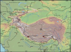 The Tibetan Plateau with location of the studied glaciers. The red stars mark the glaciers with in-situ measurements.