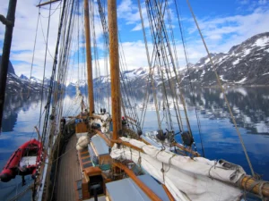 Sailing into one of many fjords on the south-east coast of Greenland. (Credit A.-K. Faber)