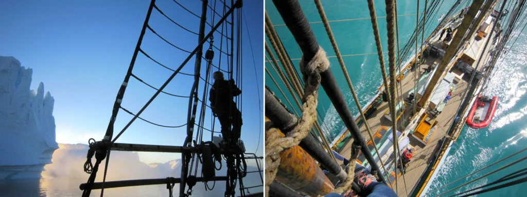 Left: Iceberg watch from the side of the vessel when entering the fjords. Right: The vessel as seen from the top of the fore mast. (Credit A.-K. Faber)